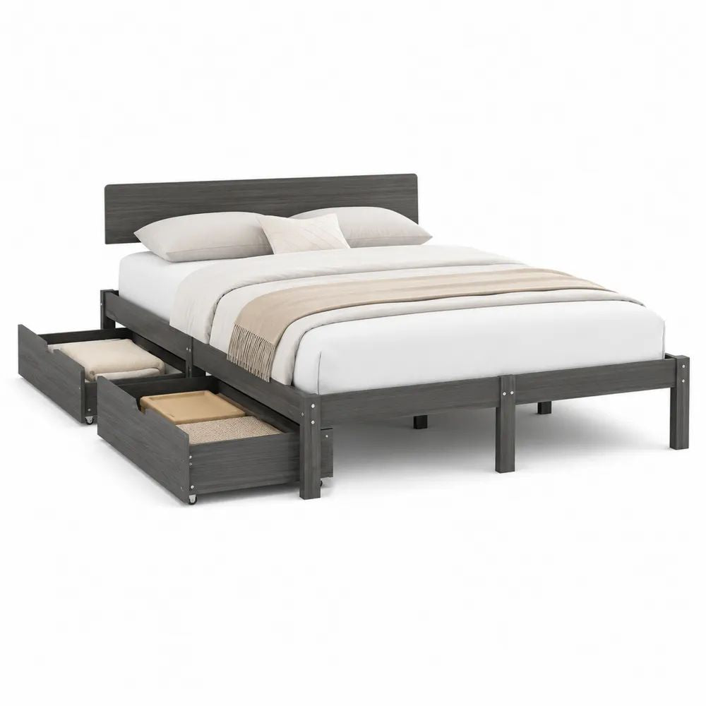 Lit double en bois gris anthracite avec tête de lit, sommier à lattes et 2 tiroirs, couchage 160 x 200 cm, dimensions 208 x 166 x 105 cm
