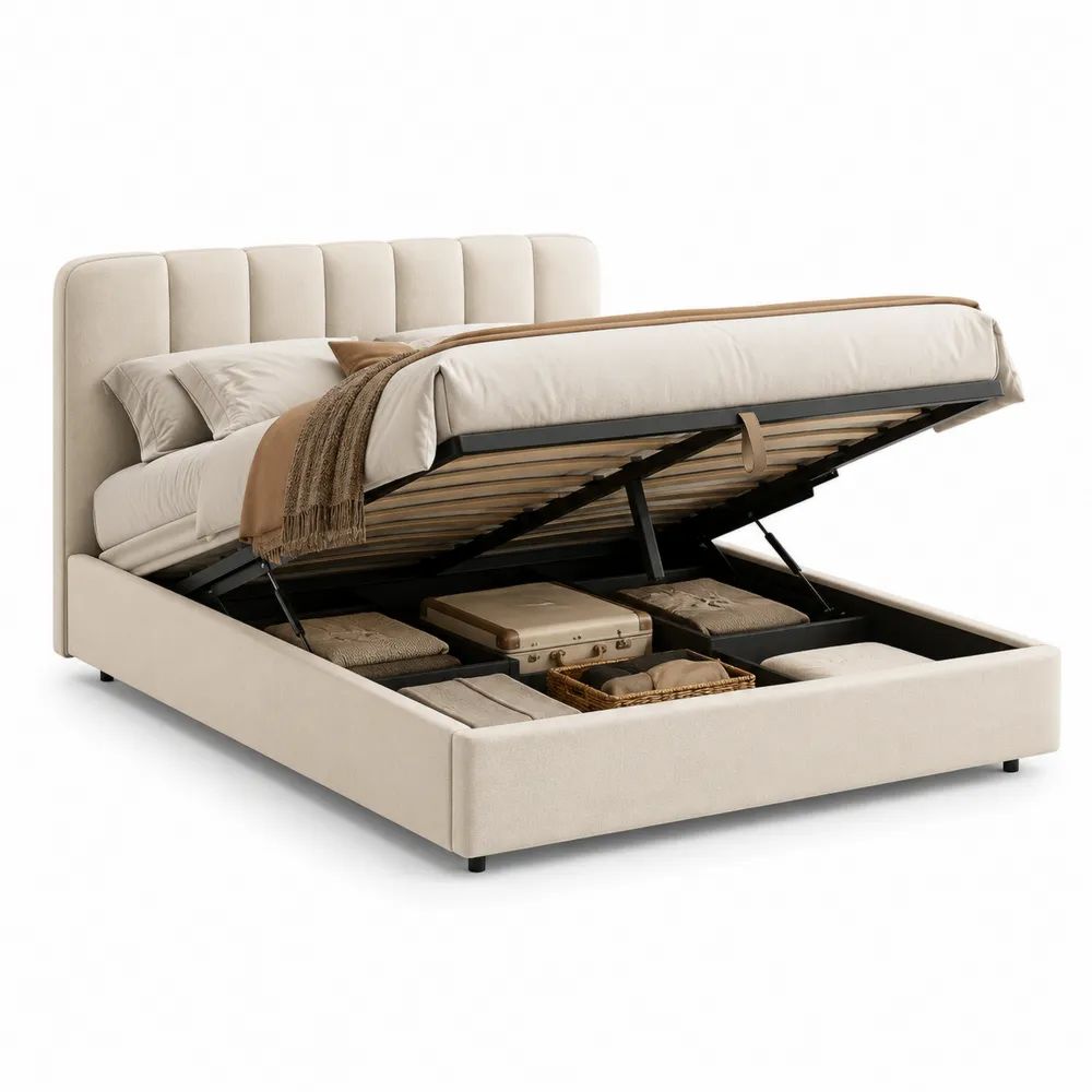 Lit coffre double 160 × 200 cm en tissu beige avec tête de lit rembourrée, sommier à lattes et mécanisme de relevage, dimensions 174 × 216 × 112 cm