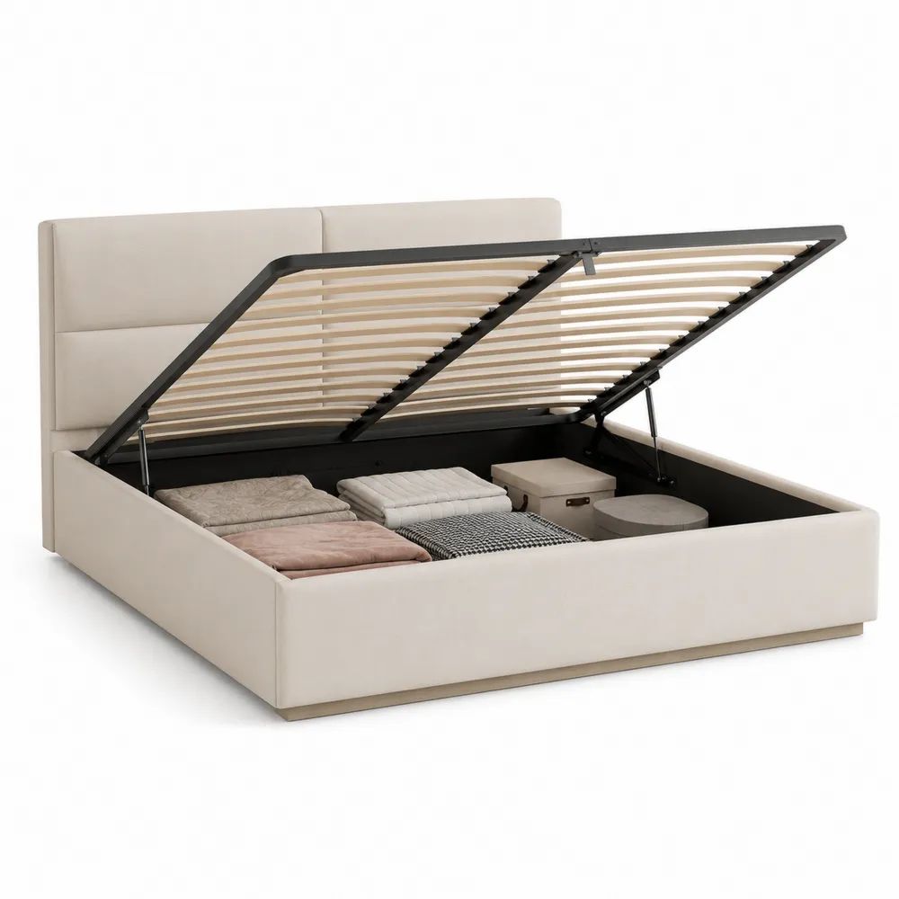 Lit coffre double beige 160 x 200 cm, dimensions 218 x 174 x 110 cm, sommier relevable en acier et lattes en bois