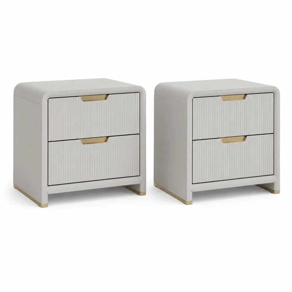 Lot de 2 tables de chevet en MDF avec 2 tiroirs, blanc cassé et doré, 45 × 40 × 55 cm