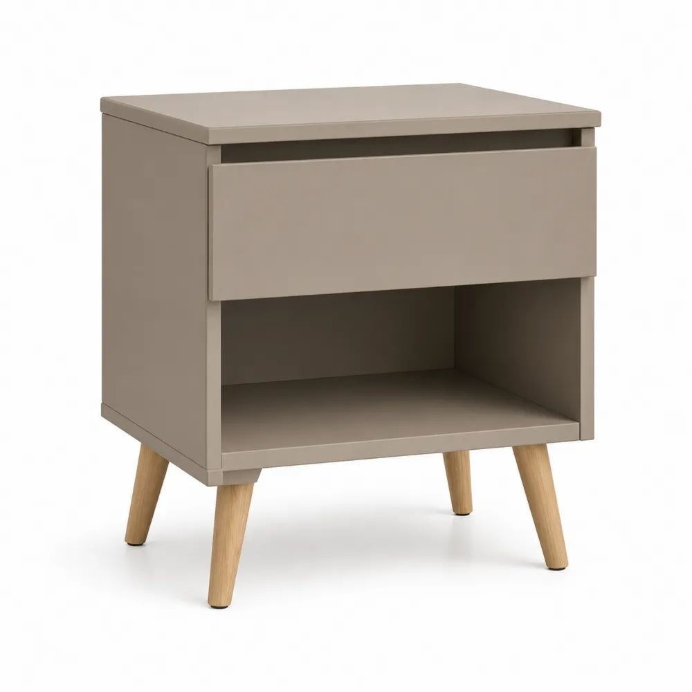 Table de chevet rectangulaire en MDF et pin massif avec 1 tiroir et niche ouverte, gris taupe/bois naturel, 45 × 35 × 55 cm
