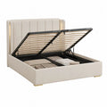 Lit coffre 180 x 200 cm avec sommier relevable, revêtement en velours polyester crème et tête de lit avec éclairage LED