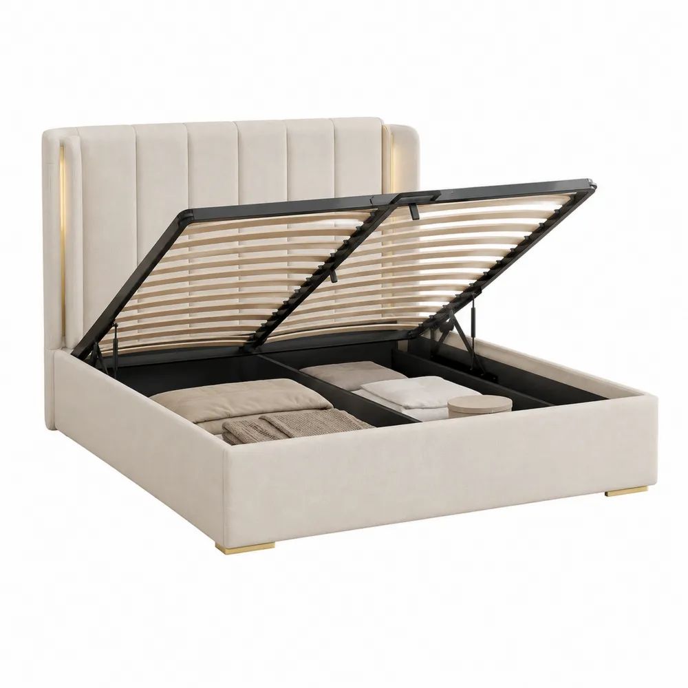Lit coffre 180 x 200 cm avec sommier relevable, revêtement en velours polyester crème et tête de lit avec éclairage LED