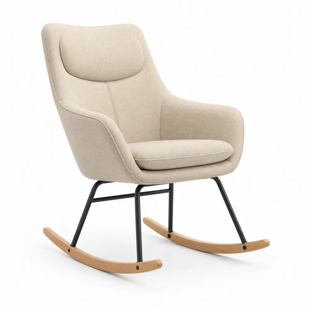 Fauteuil à bascule rembourré beige en tissu, piètement en métal noir et patins en bois naturel, 73 × 92 × 97 cm
