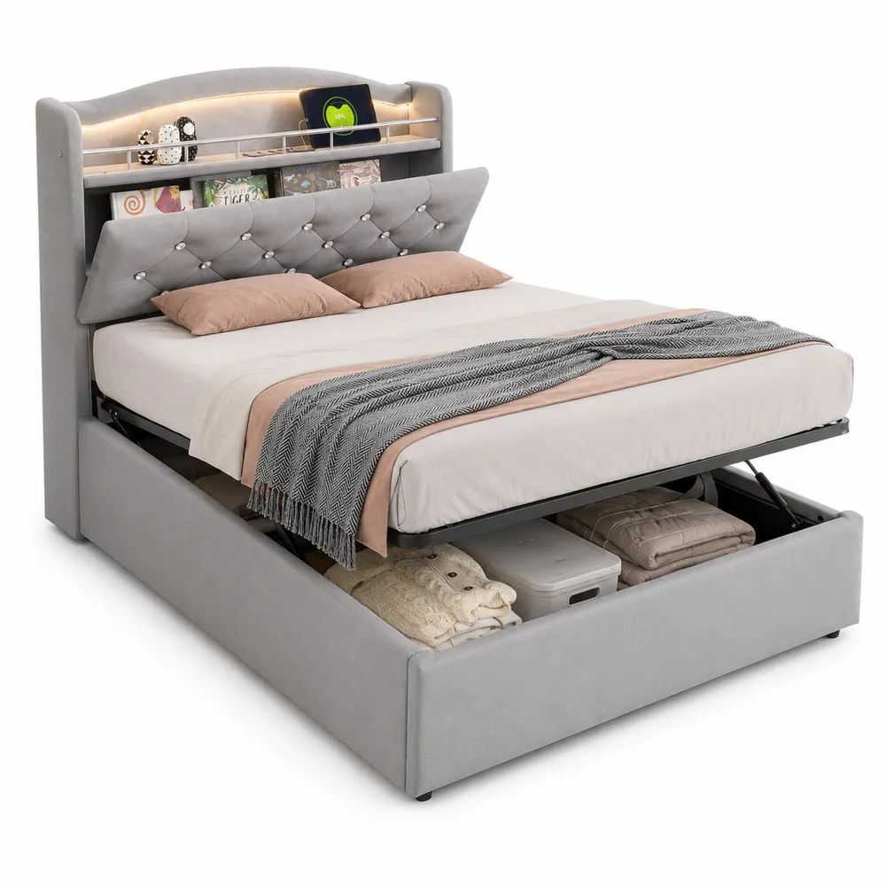 Lit coffre double en velours gris avec tête de lit capitonnée, éclairage LED et rangements, couchage 160 x 200 cm, dimensions 220 x 172 x 145 cm