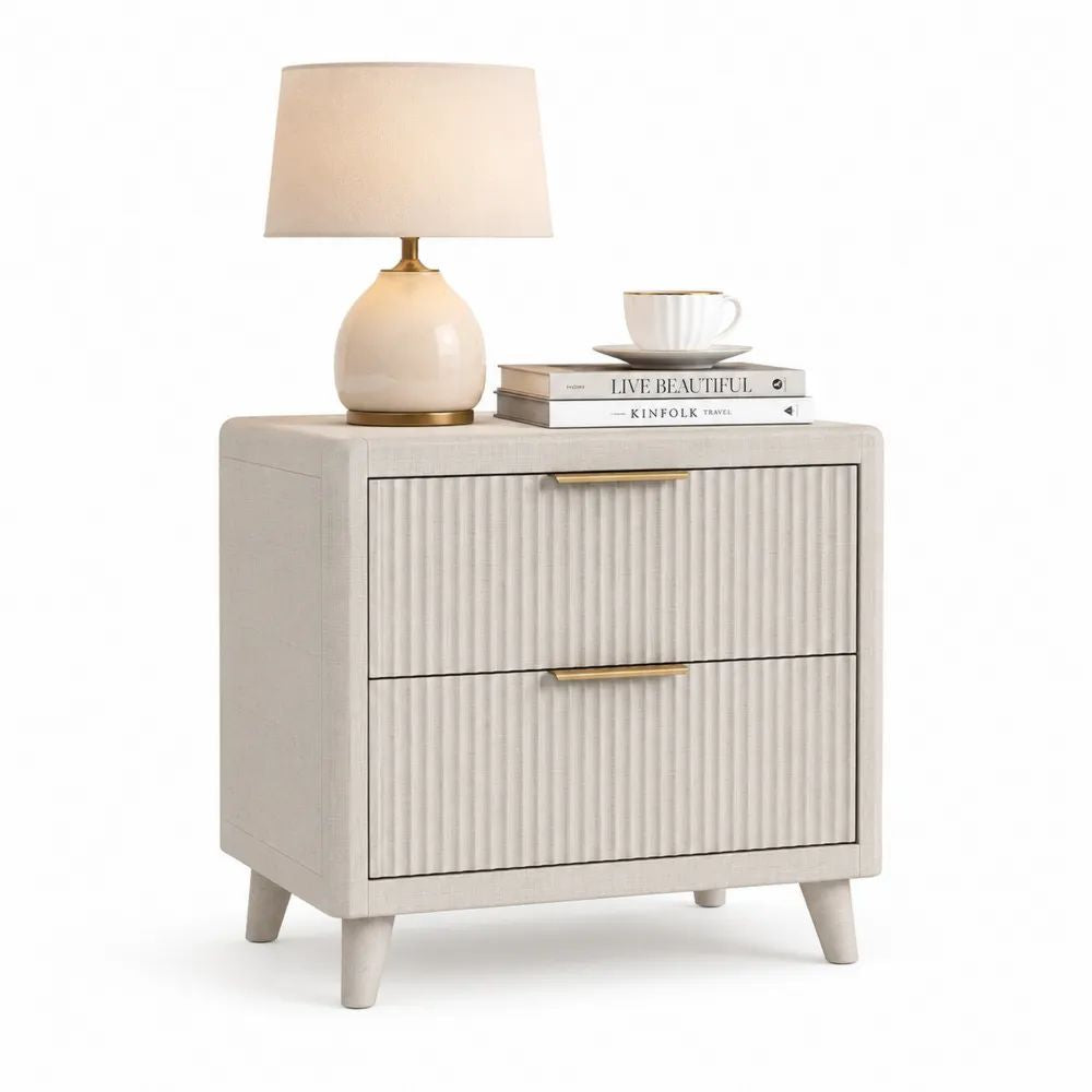 Table de chevet à 2 tiroirs en MDF rainuré beige avec poignées dorées, 56 × 40 × 61 cm